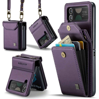 Crossbody Case for Samsung Galaxy Z Flip 3/4/5 - Vintage Faux Leather Strap, Magnetic Closure & Card Holder - Unisex Design in Black Deep Purple
