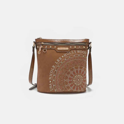 Nicole Lee USA Metallic Stitching Embroidery Inlaid Rhinestone Crossbody Bag Brown One Size