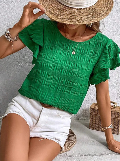 Round Neck Ruffled Short Sleeve Top Green