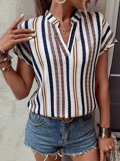 Striped Notched Short Sleeve Shirt