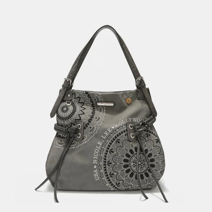 Nicole Lee USA Side Braided Tassel Inlaid Rhinestone Embroidery Hobo Bag Gray One Size