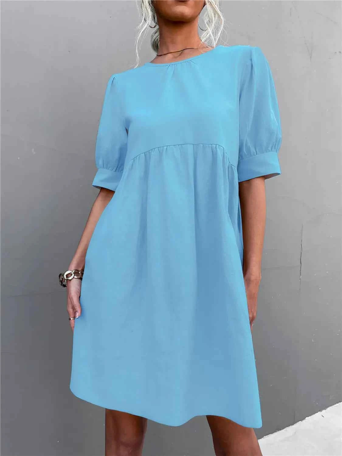 Round Neck Puff Sleeve Mini Dress