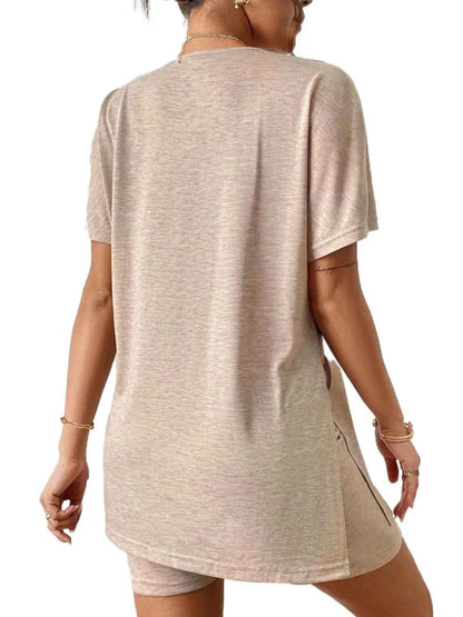Slit Round Neck Short Sleeve Oversized Top and Shorts Set