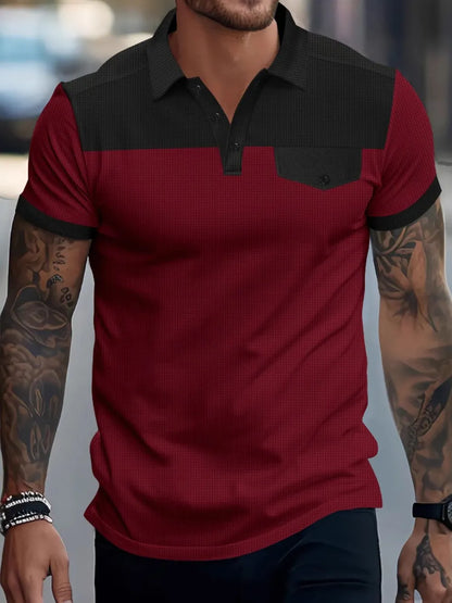 Men's Full Size Waffle-Knit Collared Contrast Polo Plus Size Burgundy