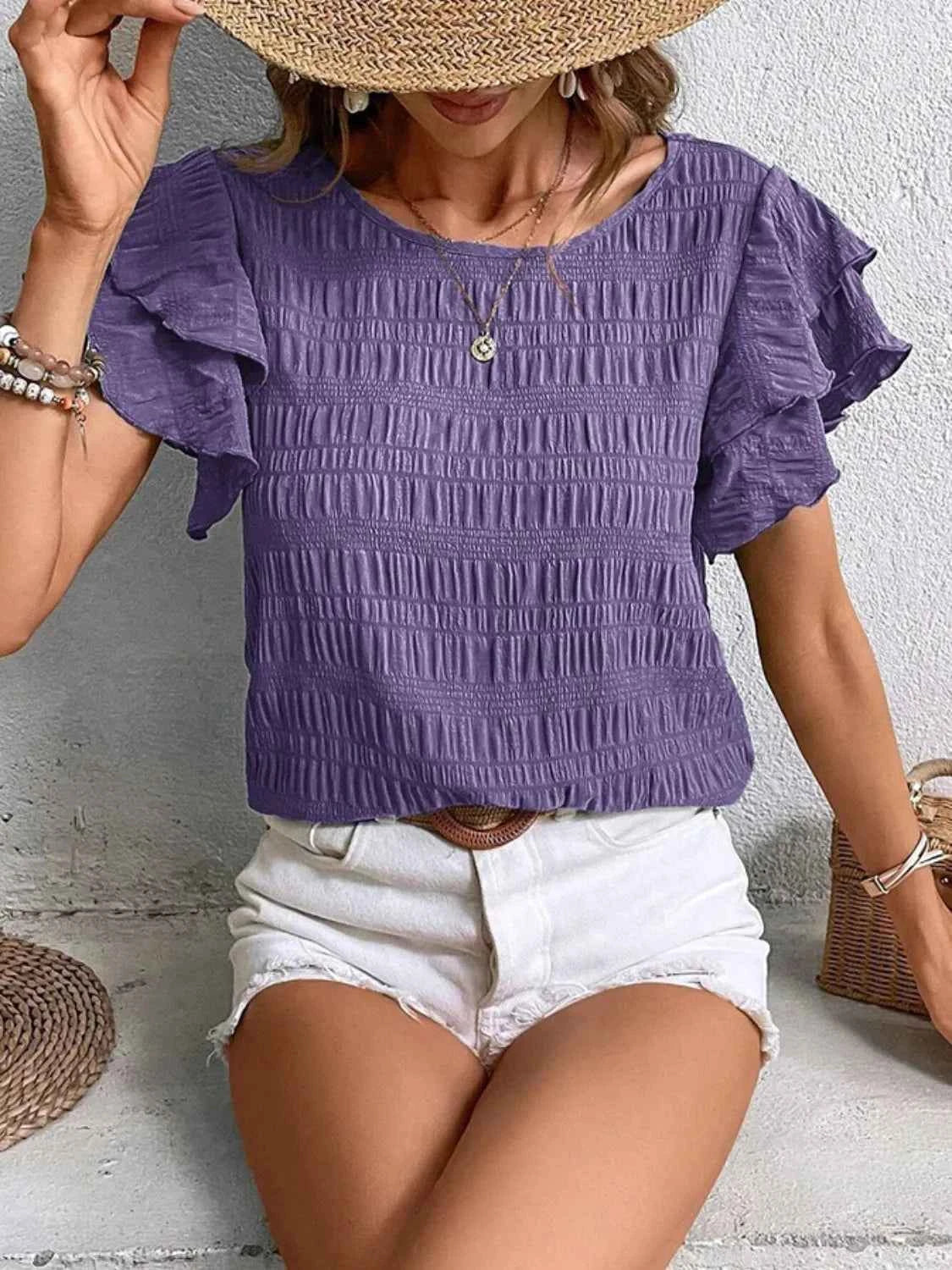 Round Neck Ruffled Short Sleeve Top