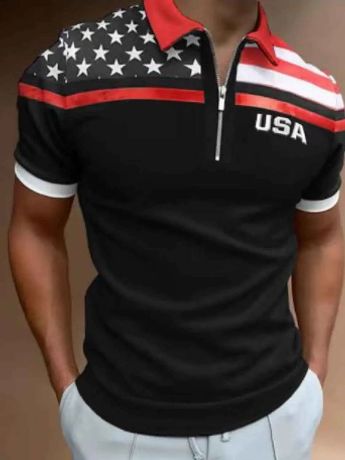 Men's Full Size Collared Neck Short Sleeve US Flag Polo Plus Size Dark Gray