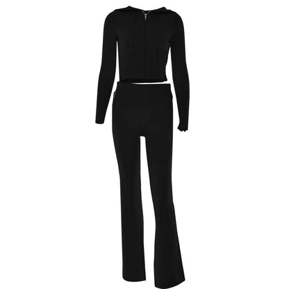 Knitted Hooded Suits for Women - High-Waist Long-Sleeves Trousers Two-Piece Set Black Suit