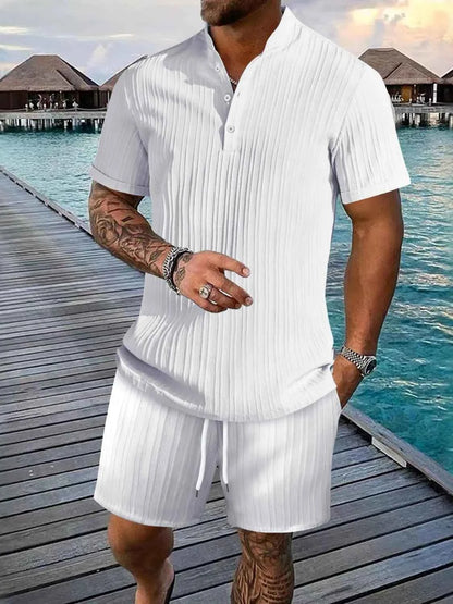 Men's Full Size Button Detail Short Sleeve Top and Shorts Set Plus Size White