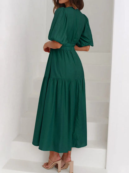 V-Neck Puff Sleeve Midi Dress