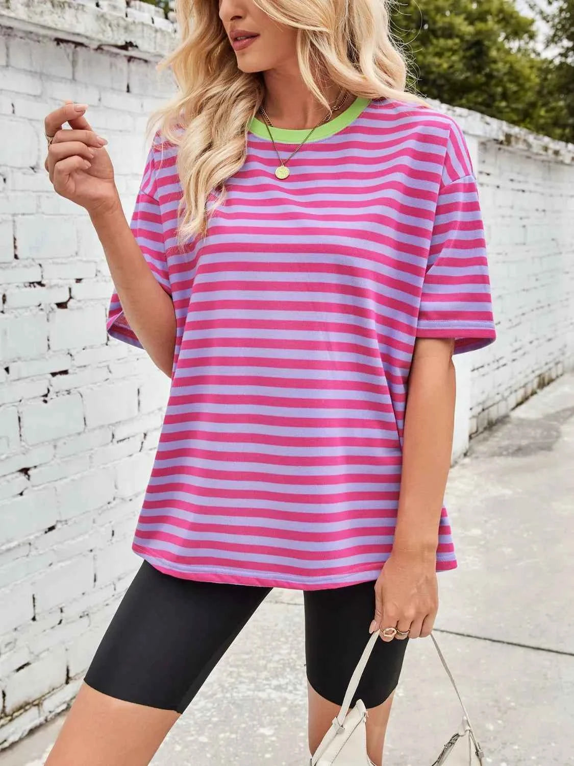 Contrast Striped Round Neck T-Shirt