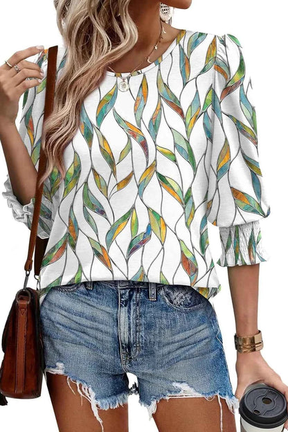 Printed Round Neck Three-Quarter Sleeve Blouse Yellow Green