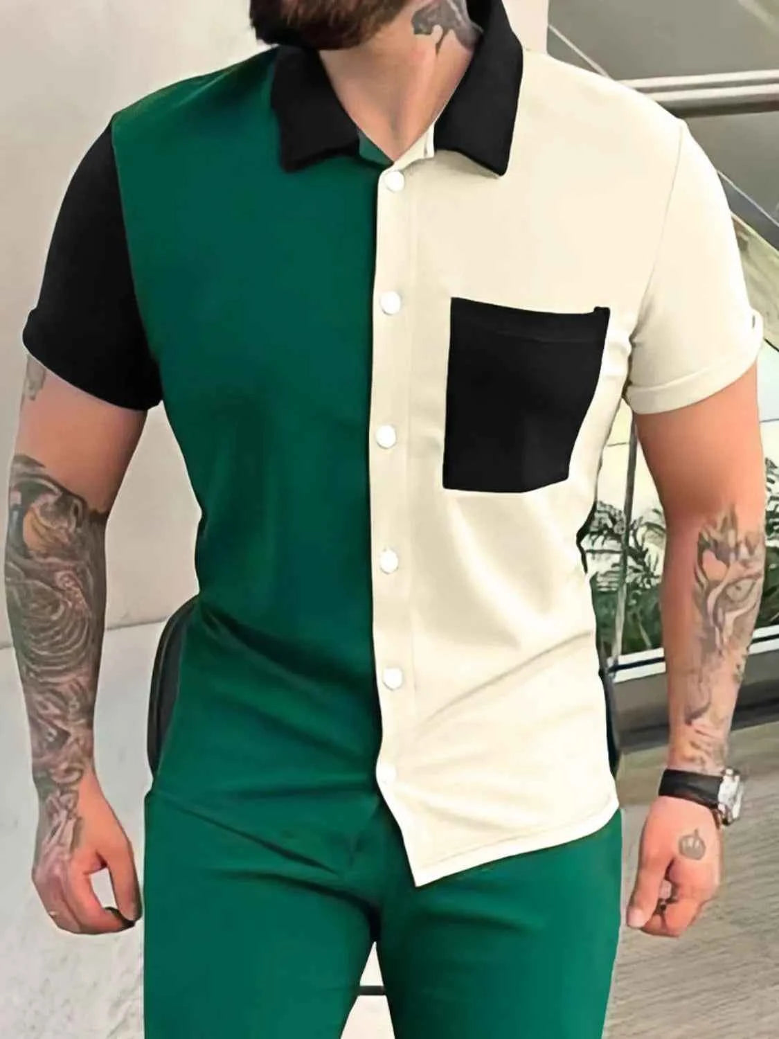 Men's Full Size Button Up Short Sleeve Top and Pants Set Plus Size