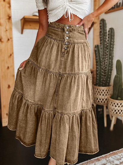 Ruched Button Fly Denim Skirt Camel