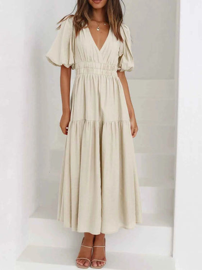 V-Neck Puff Sleeve Midi Dress Beige