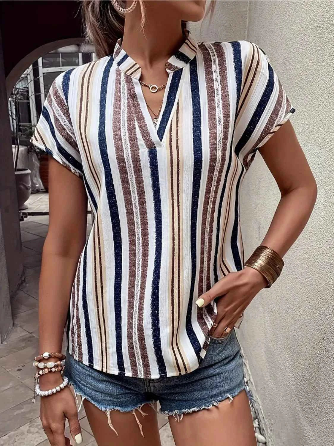 Striped Notched Short Sleeve Shirt