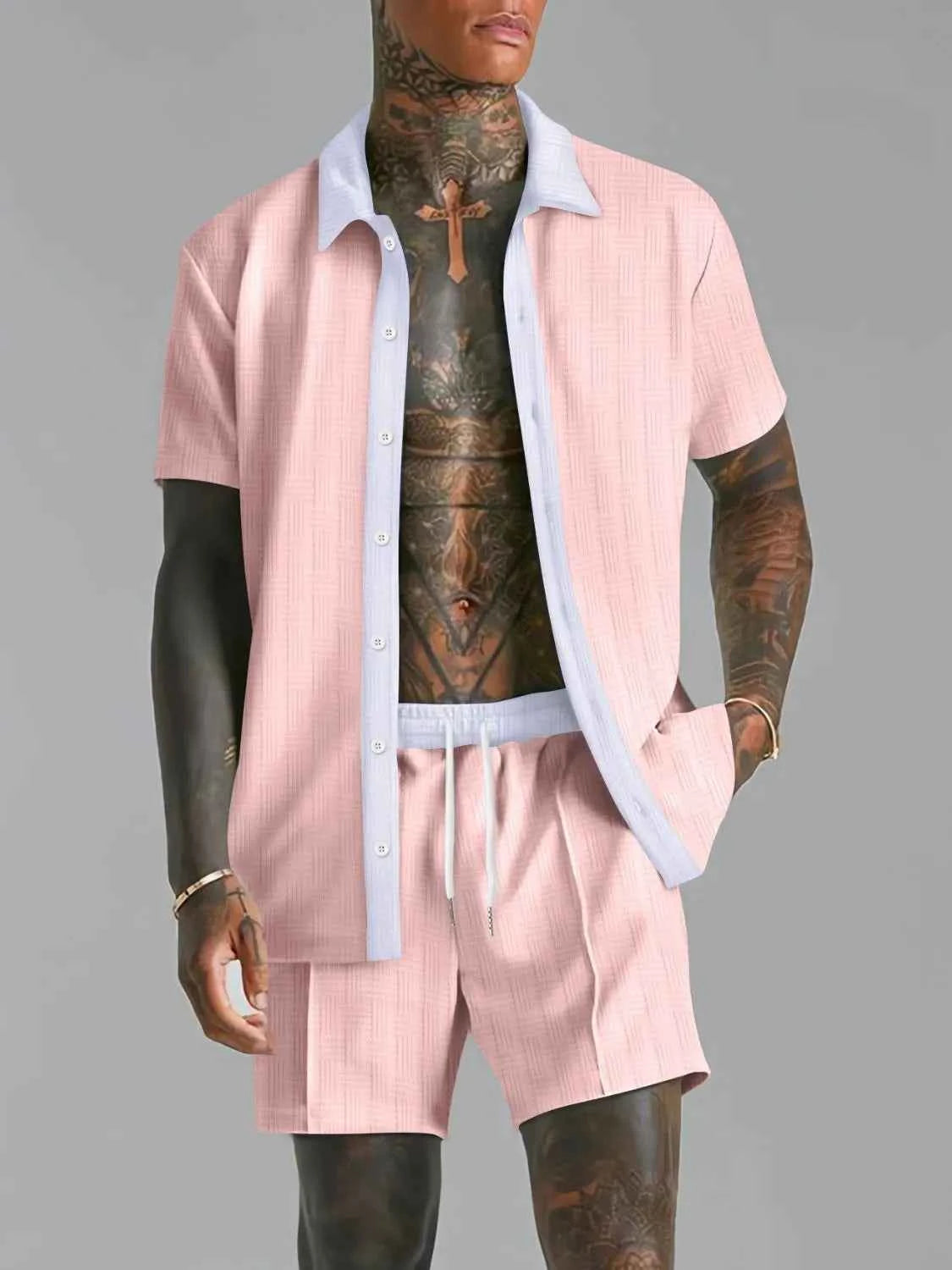 Men's Full Size Collared Neck Short Sleeve Top and Shorts Set Plus Size