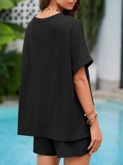 Round Neck Short Sleeve Top and Shorts Set