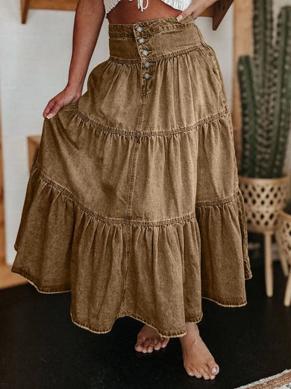 Ruched Button Fly Denim Skirt