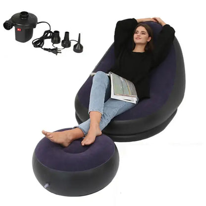 Inflatable Air Mattress Lazy Sofa Deck Chair Comfortable Leg Stool Rest Single Beanbag for home and Outdoor Use Navy blue