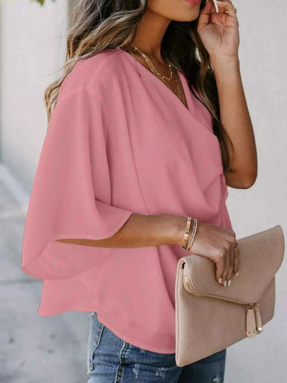 Full Size Ruched Three-Quarter Sleeve Blouse Plus Size