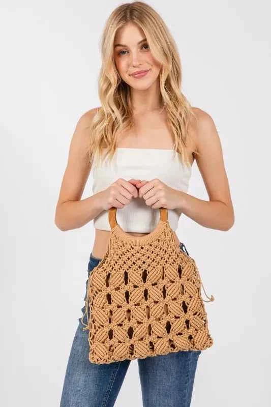 Fame Boho Braided Wooden Top Handle Bag