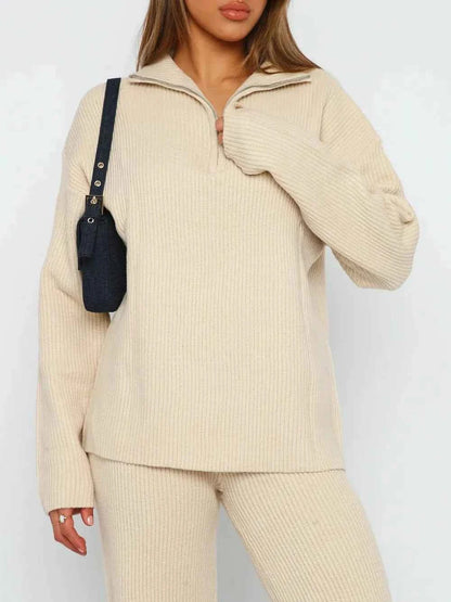 Quarter Zip Long Sleeve Top and Pants Set Tan One Size