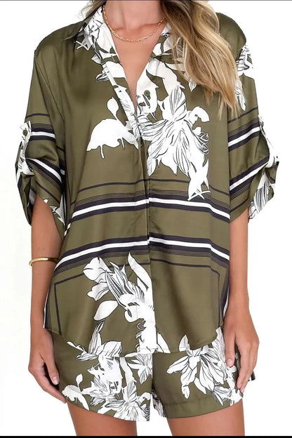 Printed Collared Neck Top and Shorts Set