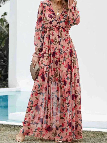 Frill Printed V-Neck Flounce Sleeve Dress Burnt Coral