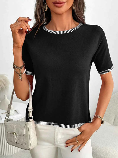 Short Sleeve Round Neck Knit Top Black