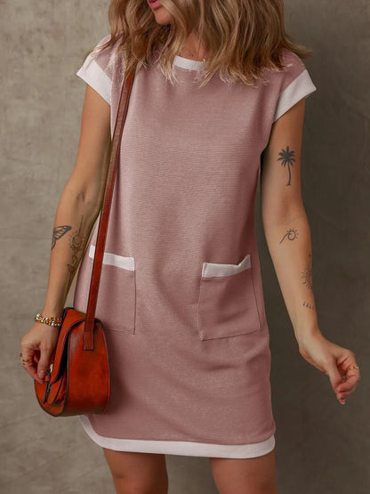 Round Neck Cap Sleeve Mini Dress Dusty Pink