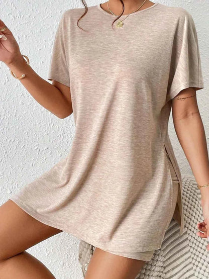 Slit Round Neck Short Sleeve Oversized Top and Shorts Set Tan