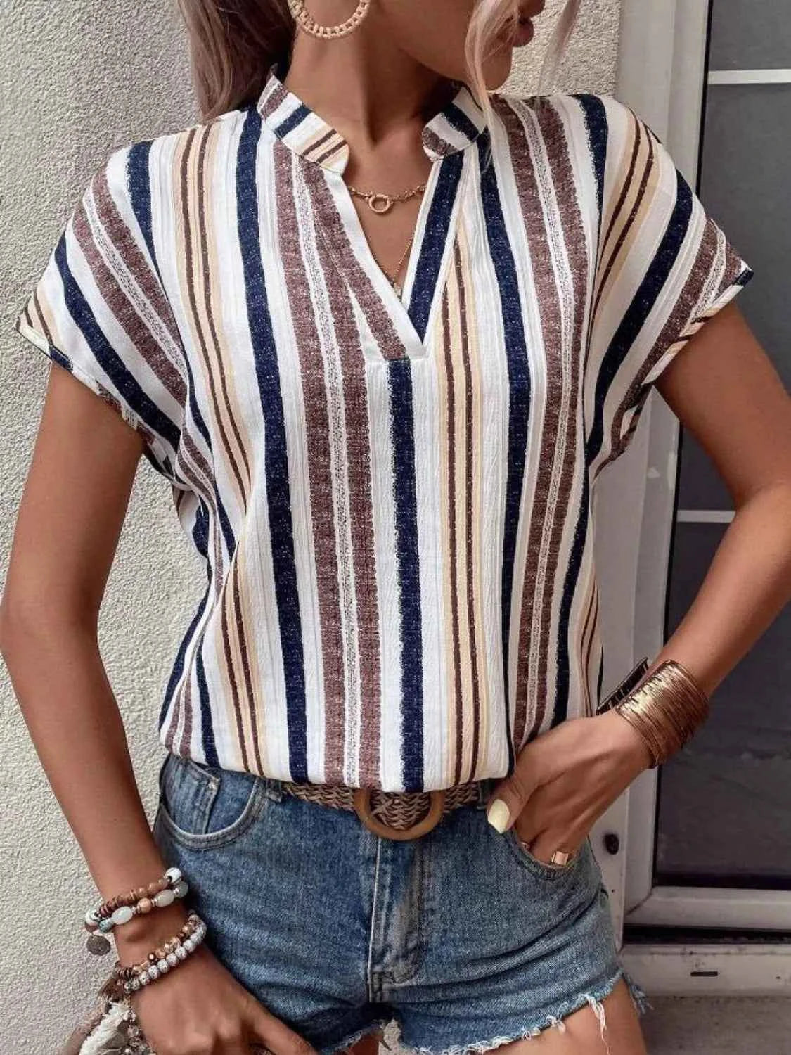 Striped Notched Short Sleeve Shirt Taupe