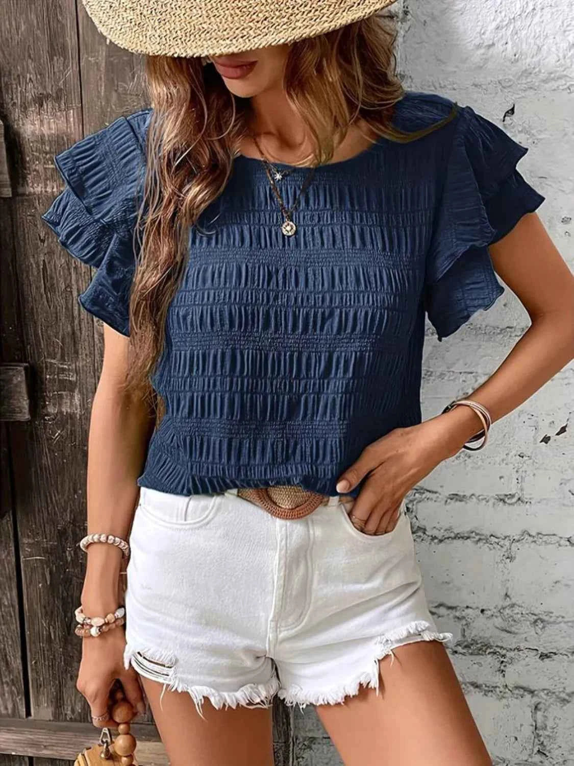 Round Neck Ruffled Short Sleeve Top