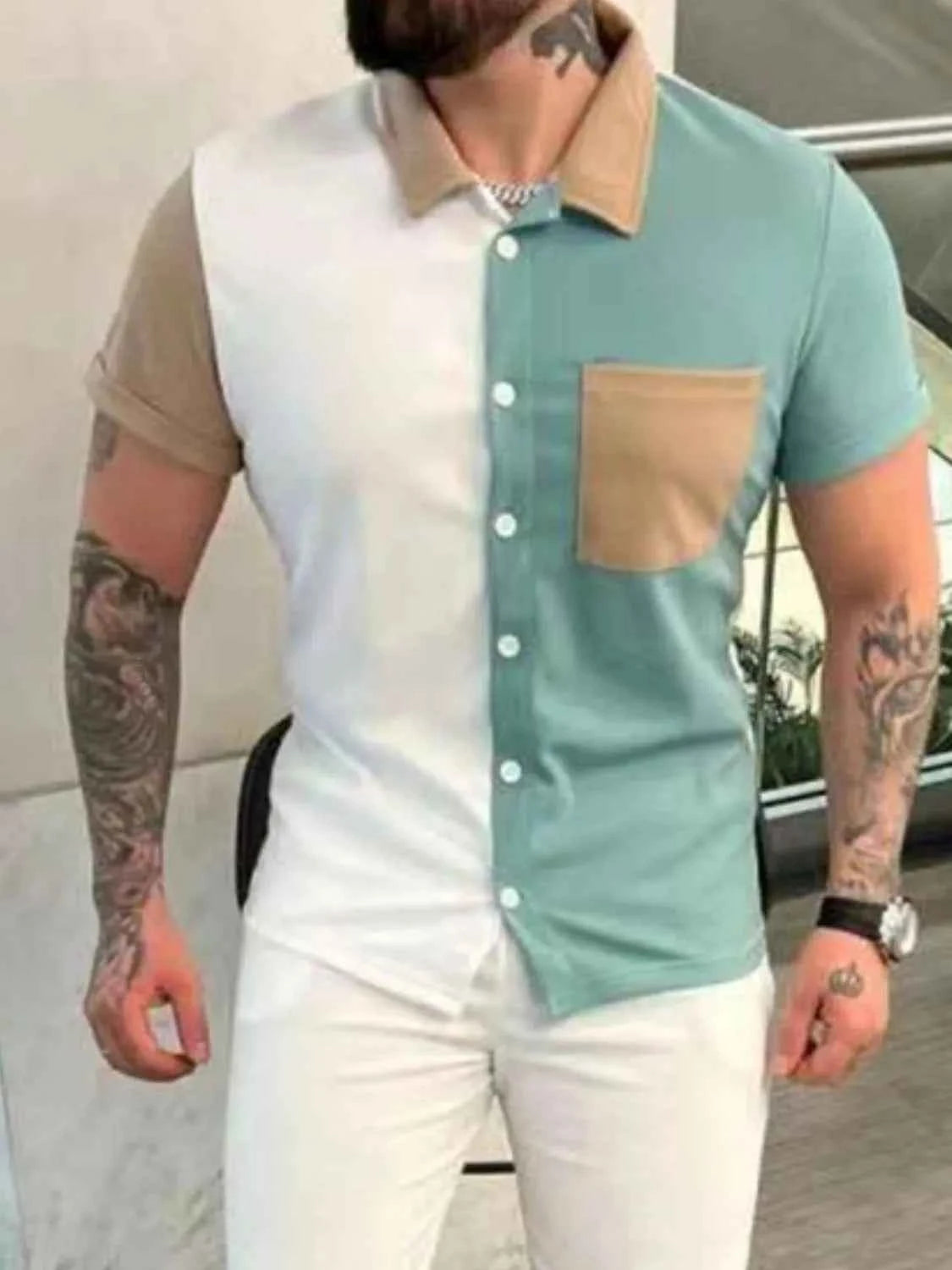 Men's Full Size Button Up Short Sleeve Top and Pants Set Plus Size