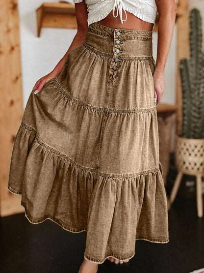 Ruched Button Fly Denim Skirt