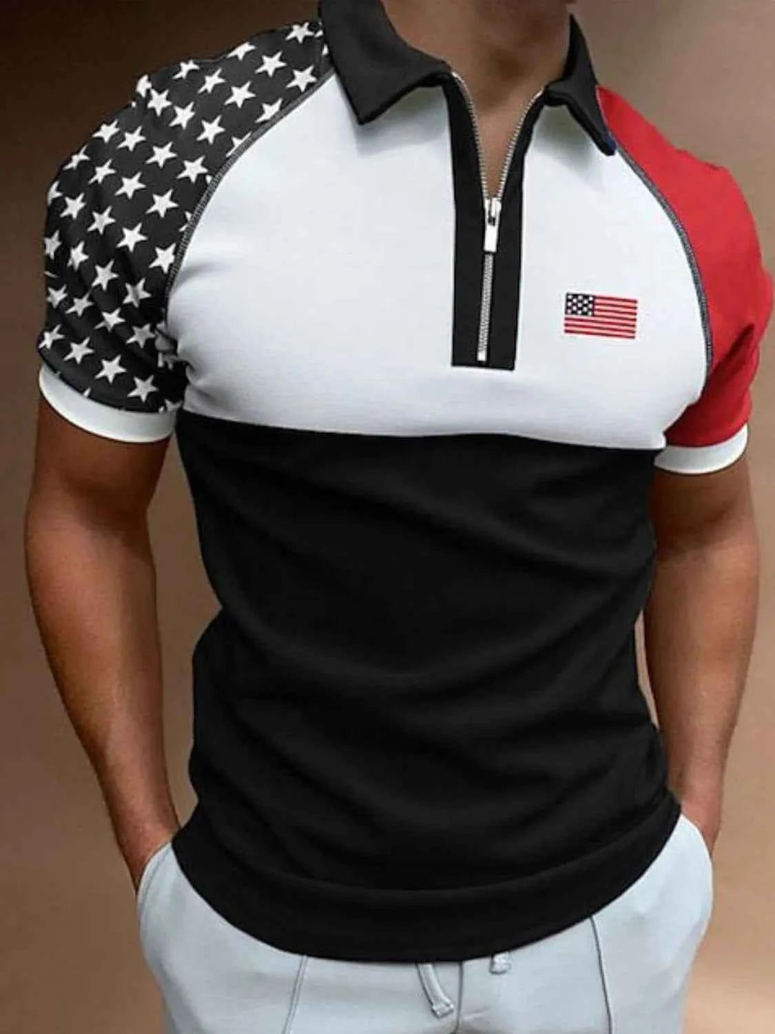 Men's Full Size Collared Neck Short Sleeve US Flag Polo Plus Size Black
