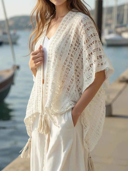 Openwork Tassel Open Front Knit Cover Up Cream One-size