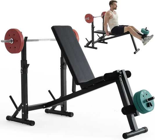600LBS Incline Weight Bench Set with Rack, 4-in-1 Adjustable Workout Bench with Leg Extention for Bench press,Curl and Ab Workou Default Title