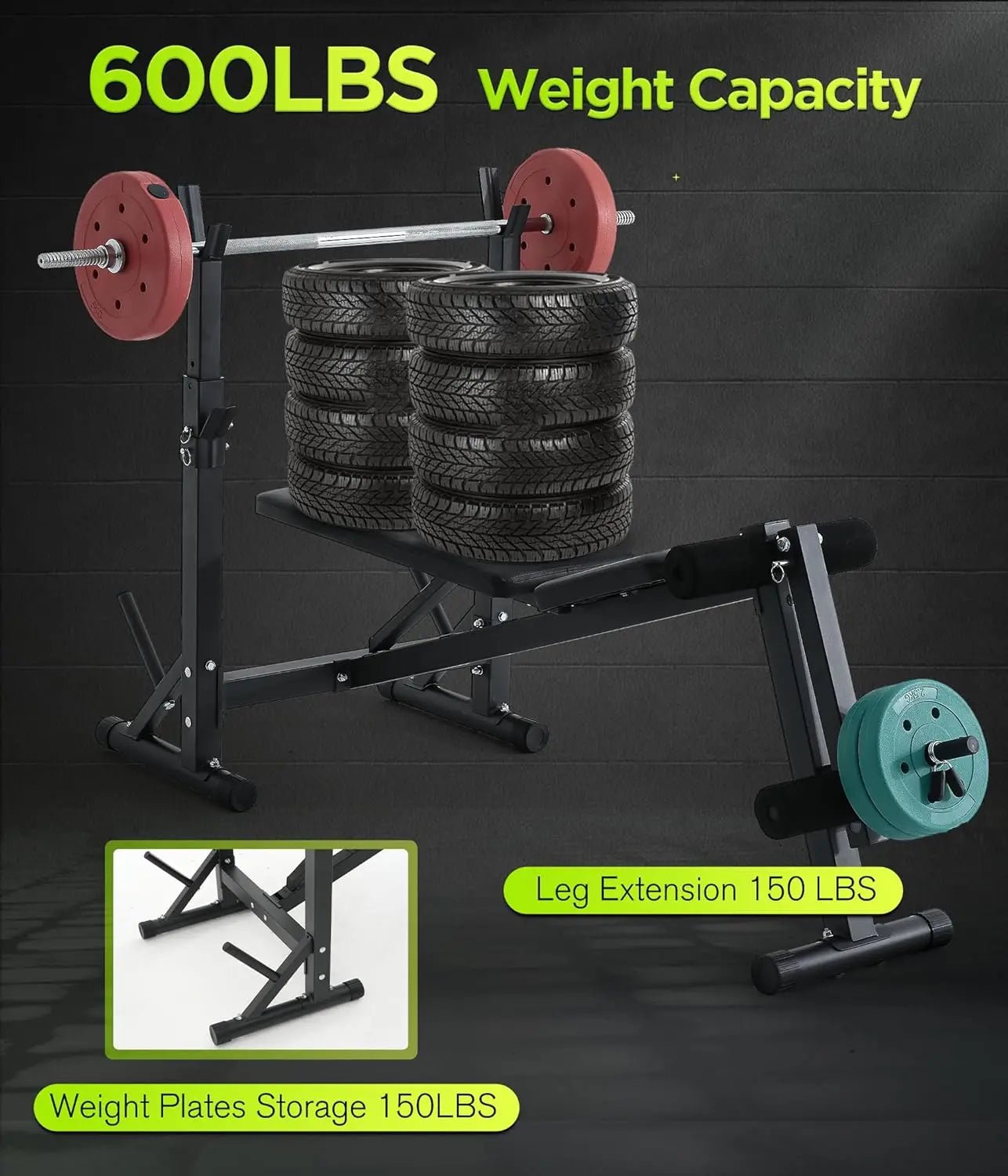 600LBS Incline Weight Bench Set with Rack, 4-in-1 Adjustable Workout Bench with Leg Extention for Bench press,Curl and Ab Workou