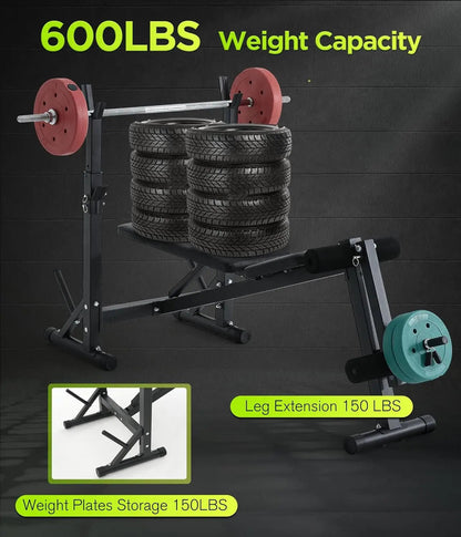 600LBS Incline Weight Bench Set with Rack, 4-in-1 Adjustable Workout Bench with Leg Extention for Bench press,Curl and Ab Workou