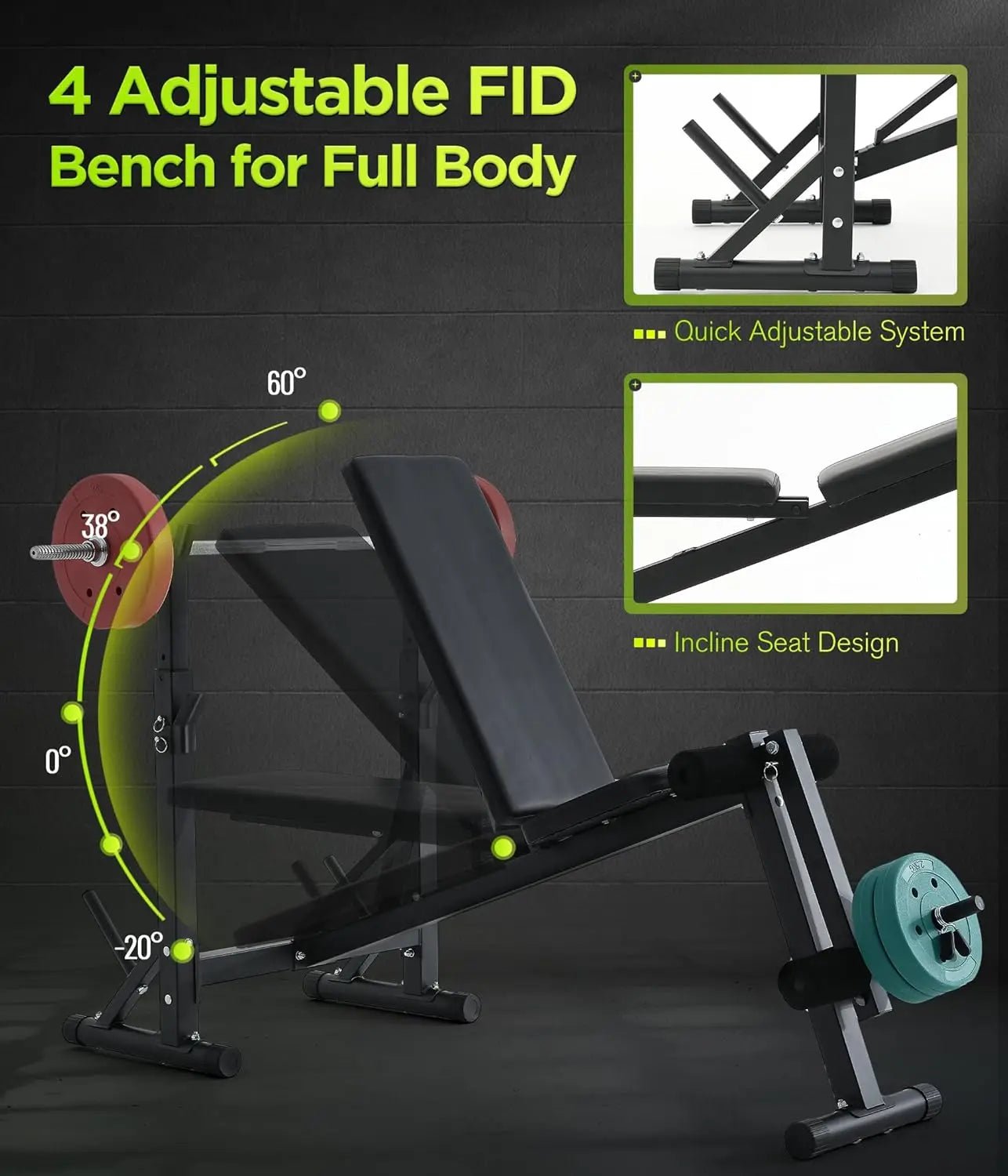 600LBS Incline Weight Bench Set with Rack, 4-in-1 Adjustable Workout Bench with Leg Extention for Bench press,Curl and Ab Workou