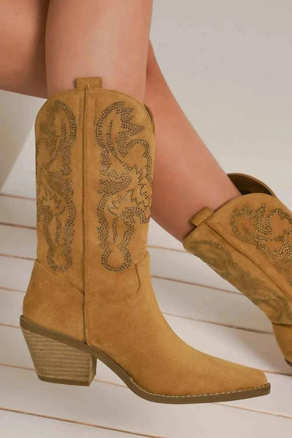Beast Fashion Rhinestone Detail Point Toe Boots Camel