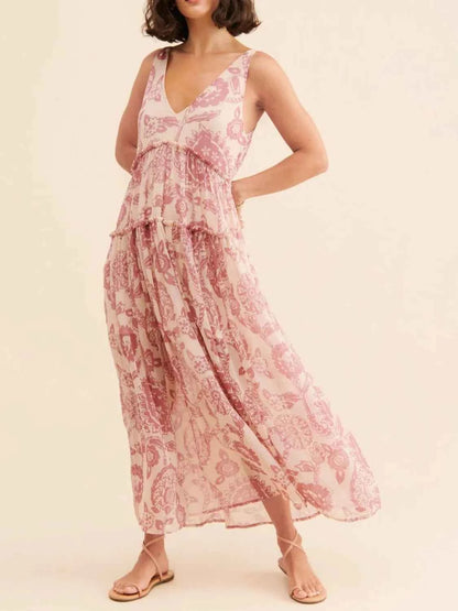 Printed V-Neck Sleeveless Dress Dusty Pink
