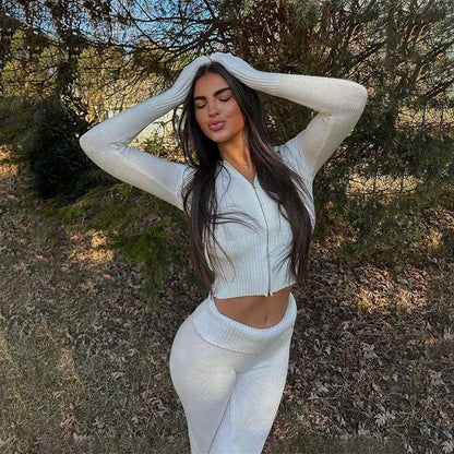 Knitted Hooded Suits for Women - High-Waist Long-Sleeves Trousers Two-Piece Set White suit