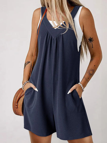V-Neck Wide Strap Romper Dark Blue
