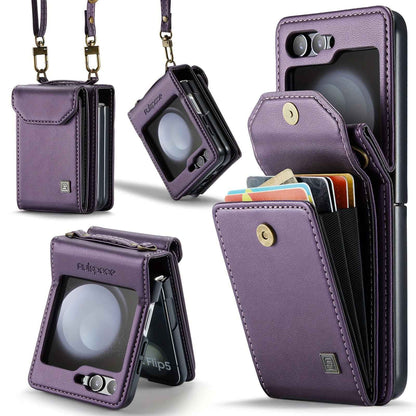 Crossbody Case for Samsung Galaxy Z Flip 3/4/5 - Vintage Faux Leather Strap, Magnetic Closure & Card Holder - Unisex Design in Black Deep Purple Samsung Galaxy Z Flip 5