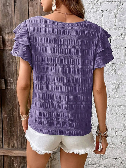 Round Neck Ruffled Short Sleeve Top