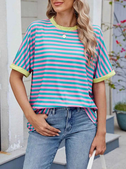 Striped Round Neck Half Sleeve T-Shirt Pink Blue