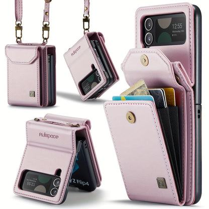 Crossbody Case for Samsung Galaxy Z Flip 3/4/5 - Vintage Faux Leather Strap, Magnetic Closure & Card Holder - Unisex Design in Black Light Pink