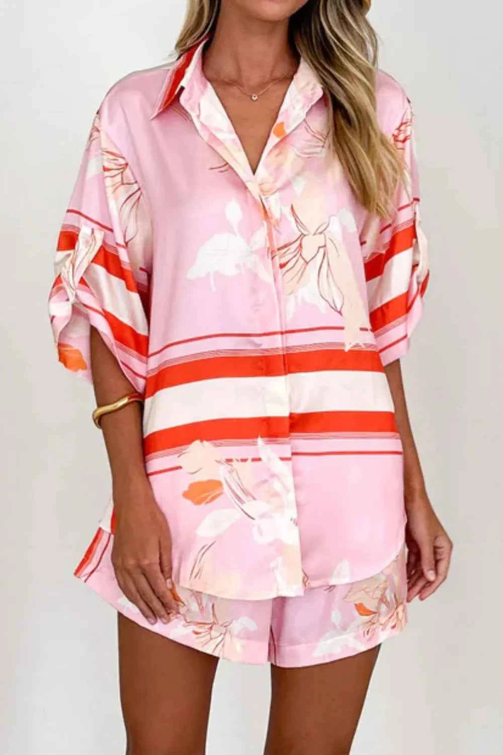 Printed Collared Neck Top and Shorts Set